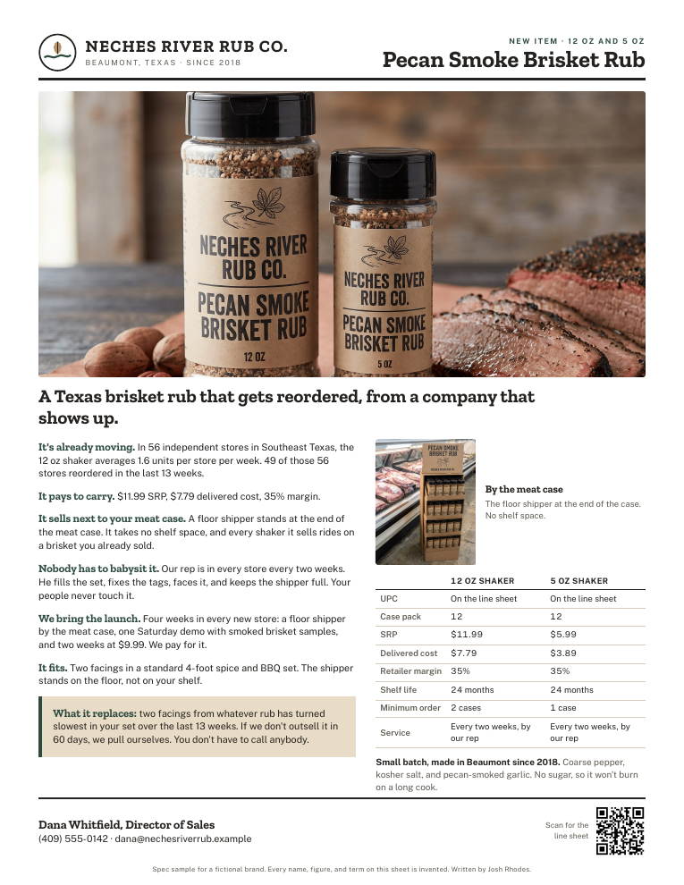 The Neches River Pecan Smoke Brisket Rub sell sheet: product photo, six selling points, a spec table and the floor shipper by the meat case.