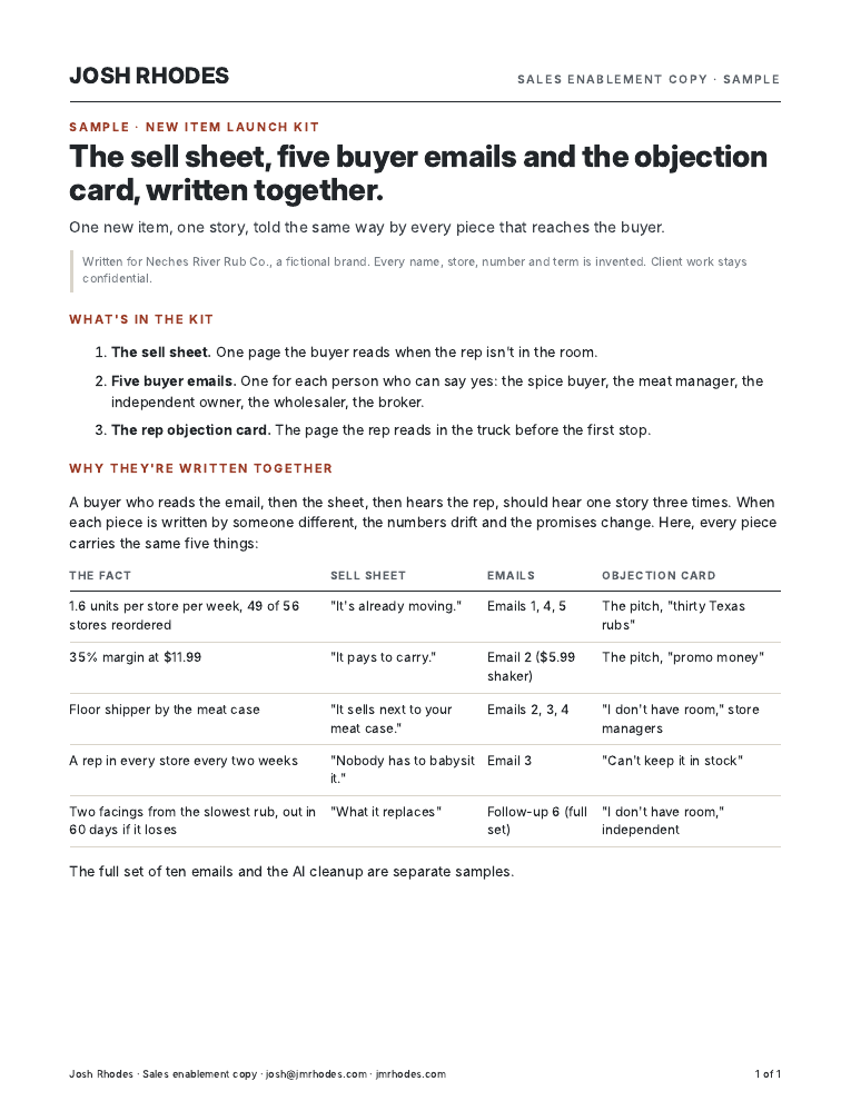 Cover page of the new item launch kit.